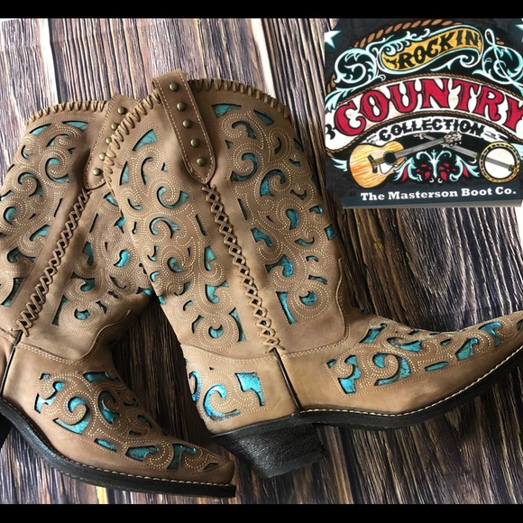 Rockin Country Collection Shoes - Rockin Country Leather Brown Teal cowboy boots